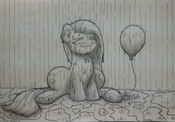 Size: 2679x1866 | Tagged: safe, artist:ljdamz1119, imported from derpibooru, pinkie pie, pony, balloon, crying, female, rain, sad, sitting, solo, traditional art, wet, wet mane