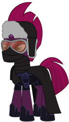 Size: 6529x11531 | Tagged: safe, artist:ejlightning007arts, imported from derpibooru, fizzlepop berrytwist, tempest shadow, pony, unicorn, absurd resolution, armor, badass, broken horn, bundled up for winter, cap, cape, clothes, goggles, hat, scarf, simple background, transparent background, vector, winter outfit