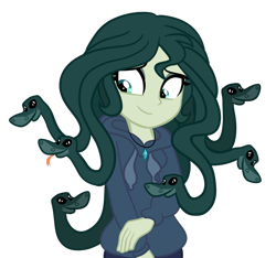 Size: 1600x1500 | Tagged: safe, artist:wubcakeva, imported from derpibooru, oc, oc only, oc:medusa, gorgon, medusa, monster girl, snake, equestria girls, clothes, cute, equestria girls-ified, female, hoodie, simple background, smiling, solo, tongue out, transparent background