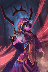 Size: 1401x2100 | Tagged: safe, artist:shamanguli, imported from derpibooru, twilight sparkle, anthro, unicorn, arm hooves, clothes, dress, female, frown, glowing horn, hood, lidded eyes, lightning, magic, magic circle, mare, robe, solo, unicorn twilight