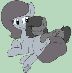 Size: 1280x1288 | Tagged: safe, artist:axlearts, imported from derpibooru, oc, oc only, oc:charcoal, oc:delpone, earth pony, pegasus, pony, cute, female, pony pillow, prone, simple background, sleeping