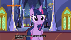 Size: 1366x768 | Tagged: safe, imported from derpibooru, screencap, twilight sparkle, alicorn, pony, a rockhoof and a hard place, donut, female, food, meme, solo, twilight sparkle (alicorn), twilight's castle, youtube caption