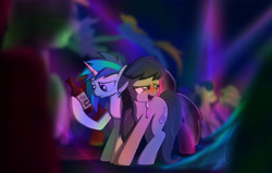 Size: 4061x2588 | Tagged: safe, artist:theravencriss, imported from derpibooru, bon bon, dj pon-3, lyra heartstrings, octavia melody, sweetie drops, vinyl scratch, alcohol, beer, blushing, bottle, drunk, drunktavia