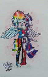 Size: 1197x1920 | Tagged: safe, artist:flashlighttwi, artist:tylerdashart, imported from derpibooru, rainbow dash, twilight sparkle, alicorn, anthro, equestria girls, equestria girls series, blushing, converse, female, heart, lesbian, shipping, shoes, sneakers, traditional art, twidash, twilight sparkle (alicorn)