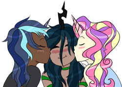 Size: 708x505 | Tagged: safe, artist:phantcmfive, imported from derpibooru, princess cadance, queen chrysalis, shining armor, human, bisexual, bisexual female, cadalis, cheek kiss, chrysarmordance, dark skin, female, humanized, kiss on the cheek, kiss sandwich, kissing, lesbian, lesbian in front of boys, light skin, male, moderate dark skin, polyamory, shining chrysalis, shiningcadance, shipping, simple background, straight, white background