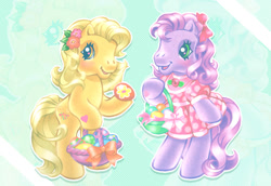 Size: 1116x767 | Tagged: safe, artist:lyn fletcher, imported from derpibooru, butterscotch (g3), wysteria, earth pony, pony, basket, bipedal, blushing, bow, clothes, cute, dress, duo, easter, easter basket, easter egg, egg, female, food, g3, g3betes, hair bow, heart, heart eyes, heart hoof, holiday, hoof heart, mare, official, official art, pink dress, scan, wingding eyes