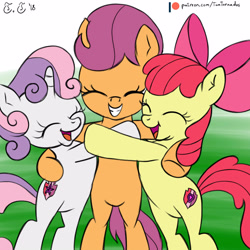 Size: 3000x3000 | Tagged: safe, artist:tomtornados, imported from derpibooru, apple bloom, scootaloo, sweetie belle, earth pony, pegasus, pony, unicorn, bipedal, cutie mark, cutie mark crusaders, female, filly, group hug, hug, patreon, patreon logo, side hug, the cmc's cutie marks