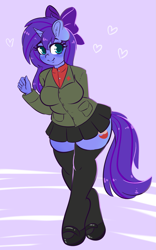 Size: 1199x1920 | Tagged: safe, artist:wickedsilly, imported from derpibooru, oc, oc only, oc:seafood dinner, anthro, unguligrade anthro, unicorn, blushing, bow, clothes, cute, female, mare, mary janes, miniskirt, moe, ocbetes, pleated skirt, school uniform, shoes, skirt, socks, thigh highs, thighs, zettai ryouiki