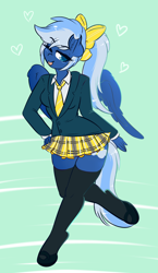 Size: 2880x4954 | Tagged: safe, artist:wickedsilly, imported from derpibooru, oc, oc only, oc:lunacy, anthro, abstract background, bow, clothes, commission, female, heart, looking at you, mare, one eye closed, school uniform, socks, solo, thigh highs, wink