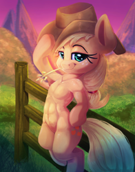 Size: 1564x2000 | Tagged: safe, artist:discorded, imported from derpibooru, applejack, earth pony, pony, semi-anthro, abs, applejacked, armpits, atg 2018, bipedal, cowboy hat, female, fence, freckles, hat, hay stalk, haystack, leaning, leaning back, mare, muscles, newbie artist training grounds, redraw, sitting, solo, stetson, straw in mouth, sunset