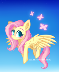 Size: 800x978 | Tagged: safe, artist:riouku, imported from derpibooru, fluttershy, butterfly, pegasus, pony, blushing, cute, female, flying, gradient background, mare, shyabetes, sky, solo