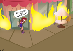 Size: 1748x1240 | Tagged: safe, artist:christheblue, imported from derpibooru, pinkie pie, human, equestria girls, boots, clothes, female, fire, shoes, simpsons did it, skirt, solo, speech bubble, sugarcube corner, the simpsons, this ended in fire