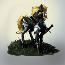 Size: 1600x1600 | Tagged: safe, artist:nsilverdraws, imported from derpibooru, oc, oc only, oc:veen sundown, horse, pegasus, pony, armor, armor skirt, blonde, clothes, detailed, female, grass, green eyes, leather, majestic, mare, pretty, scabbard, shading, simple background, skirt, solo, standing, steel, sundown clan, sword, weapon