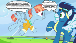 Size: 1280x720 | Tagged: safe, edit, edited screencap, imported from derpibooru, screencap, rainbow dash, soarin', windy whistles, pony, parental glideance, season 7, capslock, clothes, engagement, excited, female, implied applejack, implied bow hothoof, implied rainbow dash, implied shipping, implied spitfire, implied wedding, male, mothers gonna mother, nervous, oh crap face, runway, shipping, soarindash, speech bubble, straight, text, thought bubble, uniform, wonderbolts, wonderbolts uniform