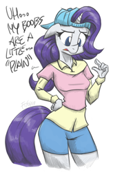 Size: 1200x1824 | Tagged: safe, artist:flutterthrash, imported from derpibooru, rarity, anthro, unicorn, friendship university, alternate hairstyle, backwards ballcap, baseball cap, cap, clothes, dialogue, disguise, female, hat, open mouth, plainity, shirt, shorts, simple background, solo, traditional art, white background