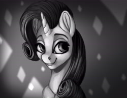 Size: 6600x5100 | Tagged: safe, artist:splatterpaint-donkey, imported from derpibooru, rarity, pony, unicorn, absurd resolution, black and white, bust, digital art, fashion, female, grayscale, mare, monochrome, portrait, smiling, solo