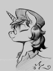 Size: 675x900 | Tagged: safe, artist:amarynceus, imported from derpibooru, oc, oc only, pony, unicorn, bust, clothes, ear piercing, earring, female, glasses, gray background, grayscale, hat, jewelry, monochrome, piercing, shirt, simple background, sketch, smiling, solo, watermark