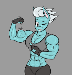 Size: 2342x2450 | Tagged: safe, artist:calm wind, artist:matchstickman, imported from derpibooru, fleetfoot, anthro, 1000 years in photoshop, abs, biceps, breasts, busty fleetfoot, clothes, fleetflex, flexing, gloves, muscles, no tail, one eye closed, sports bra, wingless, wingless anthro, wink, workout outfit