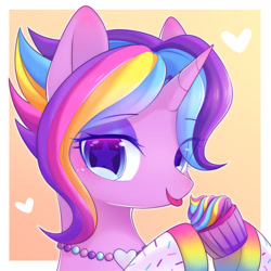 Size: 1800x1800 | Tagged: safe, artist:leafywind, imported from derpibooru, oc, oc only, oc:glittersweet, pony, unicorn, bedroom eyes, bust, cupcake, cute, eyeshadow, female, food, heart, jewelry, looking at you, makeup, mare, necklace, portrait, rainbow cupcake, solo, stars, tongue out