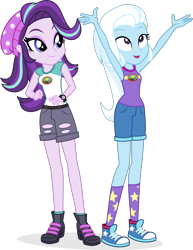 Size: 2076x2686 | Tagged: safe, artist:punzil504, imported from derpibooru, starlight glimmer, trixie, equestria girls, legend of everfree, beanie, camp everfree outfits, clothes, converse, duo, hat, legs, open mouth, shoes, short pants, shorts, simple background, smiling, sneakers, transparent background, watch, wristwatch