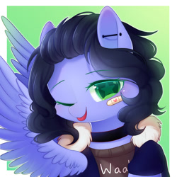 Size: 2000x2000 | Tagged: safe, artist:leafywind, imported from derpibooru, oc, oc only, oc:justly sky, oc:skiu, pegasus, pony, bandaid, bust, clothes, cute, ear piercing, female, looking at you, mare, one eye closed, piercing, portrait, solo, stars, tongue out, wink