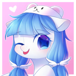 Size: 2000x2000 | Tagged: safe, artist:leafywind, imported from derpibooru, oc, oc only, oc:white bear, pony, blushing, bust, clothes, female, hat, heart, mare, one eye closed, portrait, solo, stars, tongue out, wink