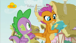 Size: 1024x576 | Tagged: safe, imported from derpibooru, screencap, smolder, spike, dragon, father knows beast, confused, dragoness, duo, female, josh haber, male, nickelodeon, opening credits, raised eyebrow, throw pillow, winged spike, wings