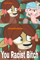 Size: 1080x1618 | Tagged: safe, edit, edited screencap, imported from derpibooru, screencap, cozy glow, yona, pegasus, pony, yak, what lies beneath, female, filly, meme, nickelodeon, racism, screenshots, text, vulgar