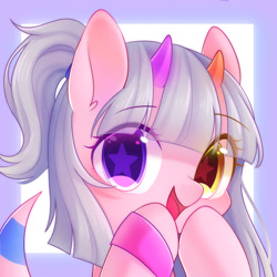 Size: 1500x1500 | Tagged: safe, artist:leafywind, imported from derpibooru, oc, oc only, pony, bust, cute, female, heterochromia, looking at you, mare, open mouth, portrait, solo, starry eyes, surprised, wingding eyes, wristband