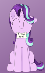 Size: 1208x1945 | Tagged: safe, artist:noosa, imported from derpibooru, starlight glimmer, pony, unicorn, bronybait, cute, female, glimmerbetes, gradient background, i love you, mare, note, sitting, smiling, solo