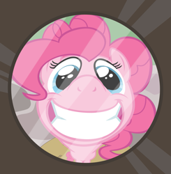 Size: 981x1000 | Tagged: safe, artist:phucknuckl, imported from derpibooru, pinkie pie, earth pony, pony, fluttershy leans in, big smile, character swap, door, female, fisheye lens, inkscape, mare, peephole, vector