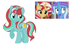 Size: 2104x1340 | Tagged: safe, artist:sapphirefeatherdust, imported from derpibooru, sunset shimmer, trixie, oc, female, lesbian, magical lesbian spawn, offspring, parent:sunset shimmer, parent:trixie, parents:suntrix, shipping, simple background, suntrix, transparent background