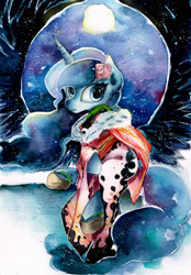 Size: 1600x2298 | Tagged: safe, artist:mashiromiku, imported from derpibooru, princess luna, alicorn, pony, clothes, female, kimono (clothing), looking at you, looking back, looking back at you, solo, traditional art, watercolor painting