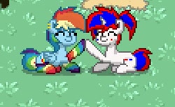 Size: 341x209 | Tagged: safe, imported from derpibooru, rainbow dash, oc, oc:anaglyph, pony, pony town, clothes, cute, rainbow socks, socks, striped socks