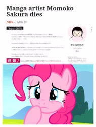 Size: 3106x4096 | Tagged: safe, imported from derpibooru, pinkie pie, the maud couple, crying, japanese, news, obligatory pony, sad