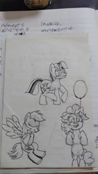 Size: 2368x4208 | Tagged: safe, artist:twinblade edge, imported from derpibooru, pinkie pie, rainbow dash, twilight sparkle, earth pony, pegasus, pony, unicorn, balloon, eyes closed, gritted teeth, looking at you, monochrome, raised hoof, raised leg, smiling, spread wings, traditional art, underhoof, unpleased, wings