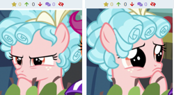 Size: 551x302 | Tagged: safe, imported from derpibooru, screencap, cozy glow, derpibooru, marks for effort, angry, bush, comparison, contrast, cozy glow is best facemaker, cozy glow is not amused, cozybetes, cropped, cute, face, female, filly, foal, juxtaposition, meta, plotting, puppy dog eyes, pure concentrated unfiltered evil of the utmost potency, sad, thinking