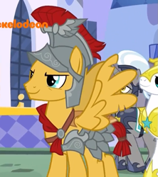 Size: 639x720 | Tagged: safe, imported from derpibooru, screencap, flash magnus, pegasus, pony, unicorn, a rockhoof and a hard place, armor, cropped, helmet, male, nickelodeon, royal guard, smiling, solo focus, stallion, unicorn royal guard, wings