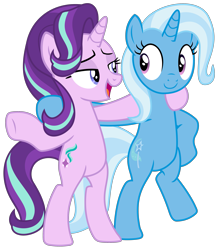 Size: 2641x3034 | Tagged: safe, artist:sketchmcreations, imported from derpibooru, starlight glimmer, trixie, pony, unicorn, road to friendship, arm around neck, bipedal, duo, female, hoof around neck, hooves on hips, looking at each other, mare, open mouth, simple background, smiling, transparent background, vector, we're friendship bound