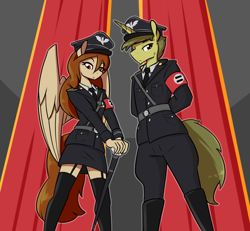 Size: 1148x1060 | Tagged: safe, artist:whatsapokemon, imported from derpibooru, oc, oc only, anthro, pegasus, anthro oc, arm behind back, cane, clothes, equal cutie mark, equality, equality mark, female, male, mare, stallion, uniform