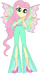 Size: 2247x3676 | Tagged: safe, artist:ilaria122, artist:pupkinbases, imported from derpibooru, fluttershy, equestria girls, alternate hairstyle, clothes, crossover, ear piercing, earring, fairy wings, fairyized, female, hairstyle, high heels, jewelry, onyrix, piercing, rainbow s.r.l, shoes, simple background, smiling, solo, transparent background, winged humanization, wings, winx club, winxified, world of winx