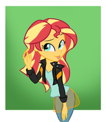 Size: 892x1025 | Tagged: safe, artist:lordfunkyfist, imported from derpibooru, sunset shimmer, equestria girls, :p, clothes, cute, female, jacket, pants, playing with hair, shimmerbetes, shirt, silly, smiling, solo, tongue out