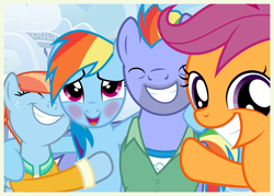 Size: 7000x5000 | Tagged: safe, artist:mundschenk85, imported from derpibooru, bow hothoof, rainbow dash, scootaloo, windy whistles, pony, absurd resolution, blushing, bowabetes, cute, cutealoo, dashabetes, family photo, scootalove, show accurate, vector, windybetes