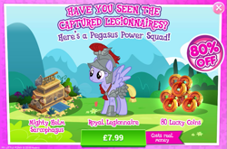 Size: 797x525 | Tagged: safe, imported from derpibooru, iron eagle, pegasus, pony, advertisement, costs real money, female, gameloft, lucky coin, mare, official, royal legion, solo, statue