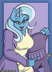 Size: 1024x1408 | Tagged: safe, artist:sketchybug, imported from derpibooru, trixie, anthro, unicorn, clothes, female, mare, smoke bomb, solo, trenchcoat