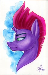 Size: 1387x2180 | Tagged: safe, artist:invalid-david, imported from derpibooru, tempest shadow, pony, bust, female, simple background, solo, traditional art, watercolor painting