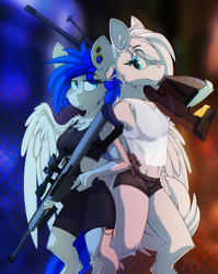 Size: 1824x2290 | Tagged: safe, alternate version, artist:ralek, deleted from derpibooru, imported from derpibooru, oc, oc only, oc:kalinka, oc:sapphire sights, anthro, hippogriff, pegasus, unguligrade anthro, .50 cal, abstract background, armpits, belly button, breasts, clothes, delicious flat chest, ear piercing, female, gauges, gun, m82a3, mare, piercing, rifle, shorts, sniper, sniper rifle, talons, tanktop, weapon