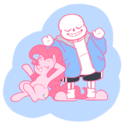 Size: 1462x1462 | Tagged: safe, artist:breezietype, imported from derpibooru, pinkie pie, crossover, eyes closed, limited palette, pastel, sans (undertale), sans pie, shrug, simple background, sitting, undertale