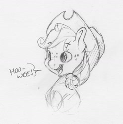 Size: 1600x1616 | Tagged: safe, artist:dilarus, deleted from derpibooru, imported from derpibooru, applejack, earth pony, pony, cowboy hat, female, freckles, grayscale, hat, mare, monochrome, pencil drawing, sketch, speech bubble, traditional art