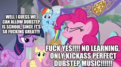 Size: 888x499 | Tagged: safe, edit, edited screencap, editor:useraccount, imported from derpibooru, screencap, applejack, fluttershy, pinkie pie, rainbow dash, rarity, twilight sparkle, twilight sparkle (alicorn), alicorn, school daze, dubstep, excessive exclamation marks, image macro, mane six, meme, vulgar